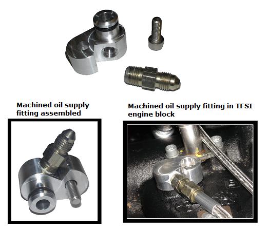 Machined tsi oil feed (supply) fitting for 2009 and up 2.0T (TSI) engine block to -3 AN line
